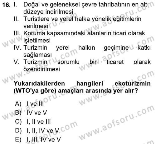 Turizm Coğrafyası Dersi 2021 - 2022 Yılı (Vize) Ara Sınav Soruları 16. Soru