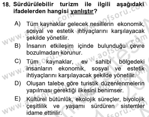 Turizm Coğrafyası Dersi 2021 - 2022 Yılı (Vize) Ara Sınav Soruları 18. Soru