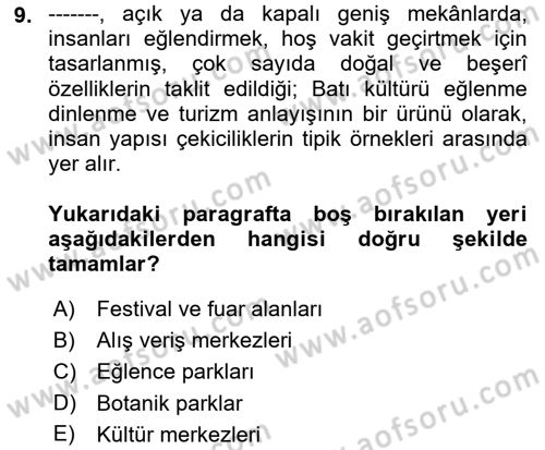Turizm Coğrafyası Dersi 2021 - 2022 Yılı (Vize) Ara Sınav Soruları 9. Soru