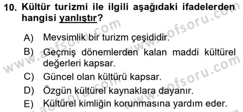 Turizm Coğrafyası Dersi 2022 - 2023 Yılı (Vize) Ara Sınav Soruları 10. Soru