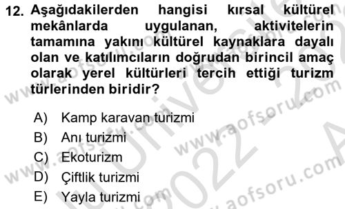 Turizm Coğrafyası Dersi 2022 - 2023 Yılı (Vize) Ara Sınav Soruları 12. Soru