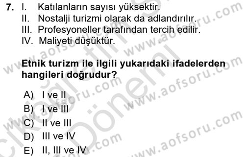 Turizm Coğrafyası Dersi 2022 - 2023 Yılı (Vize) Ara Sınav Soruları 7. Soru