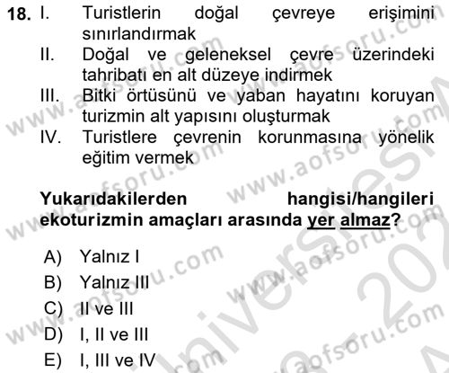 Turizm Coğrafyası Dersi 2023 - 2024 Yılı (Vize) Ara Sınav Soruları 18. Soru
