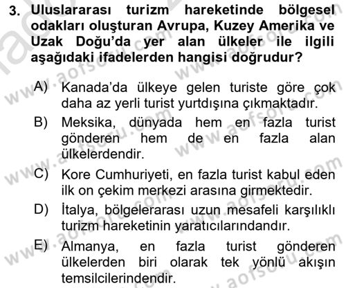 Turizm Coğrafyası Dersi 2023 - 2024 Yılı (Vize) Ara Sınav Soruları 3. Soru