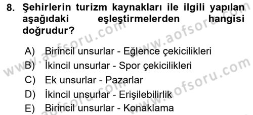Turizm Coğrafyası Dersi 2023 - 2024 Yılı (Vize) Ara Sınav Soruları 8. Soru