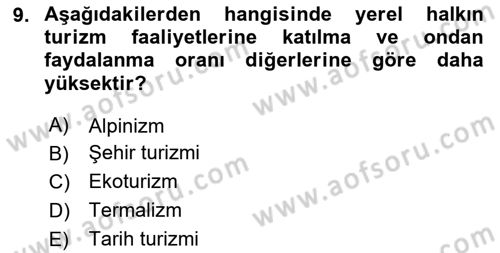 Turizm Coğrafyası Dersi 2024 - 2025 Yılı (Vize) Ara Sınav Soruları 9. Soru