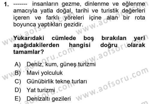 Deniz Turizmi İşletmeciliği Dersi 2020 - 2021 Yılı Yaz Okulu Sınav Soruları 1. Soru
