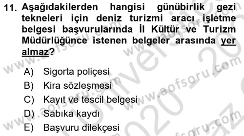 Deniz Turizmi İşletmeciliği Dersi 2020 - 2021 Yılı Yaz Okulu Sınav Soruları 11. Soru
