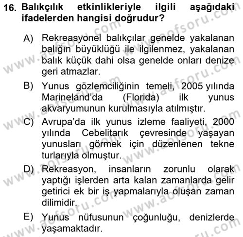 Deniz Turizmi İşletmeciliği Dersi 2020 - 2021 Yılı Yaz Okulu Sınav Soruları 16. Soru