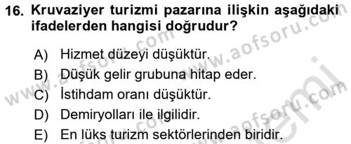 Deniz Turizmi İşletmeciliği Dersi 2021 - 2022 Yılı (Vize) Ara Sınav Soruları 16. Soru