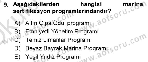 Deniz Turizmi İşletmeciliği Dersi 2023 - 2024 Yılı Yaz Okulu Sınav Soruları 9. Soru