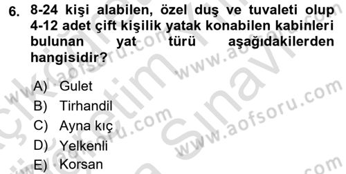 Deniz Turizmi İşletmeciliği Dersi 2024 - 2025 Yılı (Vize) Ara Sınav Soruları 6. Soru