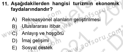 Toplum Temelli Turizm Dersi 2021 - 2022 Yılı (Vize) Ara Sınav Soruları 11. Soru