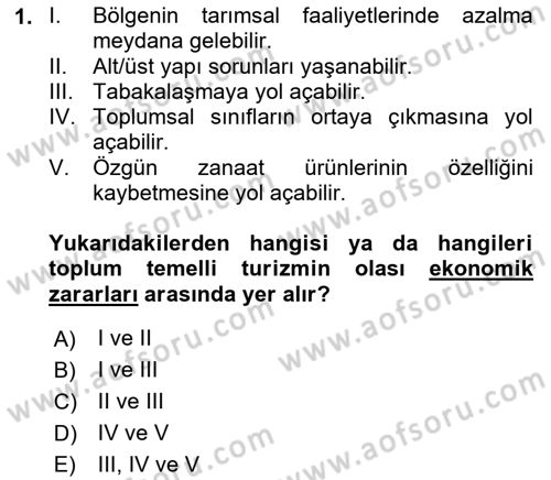 Toplum Temelli Turizm Dersi 2021 - 2022 Yılı (Final) Dönem Sonu Sınav Soruları 1. Soru