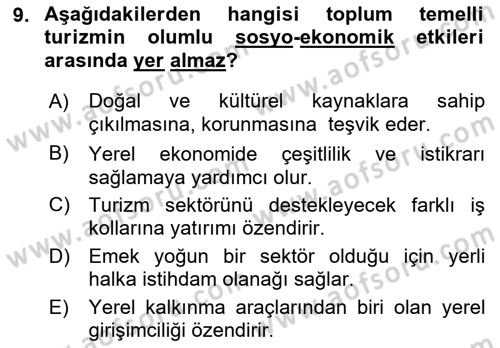 Toplum Temelli Turizm Dersi 2021 - 2022 Yılı Yaz Okulu Sınav Soruları 9. Soru