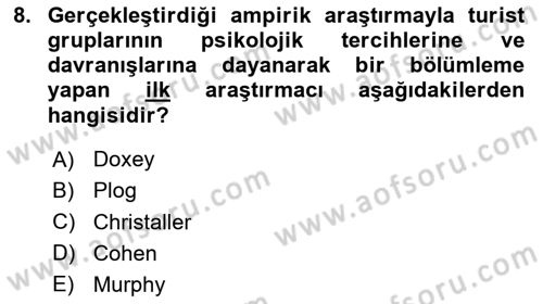 Toplum Temelli Turizm Dersi 2023 - 2024 Yılı (Vize) Ara Sınav Soruları 8. Soru