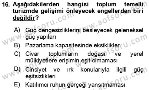 Toplum Temelli Turizm Dersi 2023 - 2024 Yılı Yaz Okulu Sınav Soruları 16. Soru