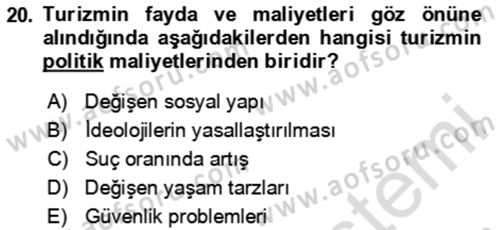 Toplum Temelli Turizm Dersi 2024 - 2025 Yılı (Vize) Ara Sınav Soruları 20. Soru