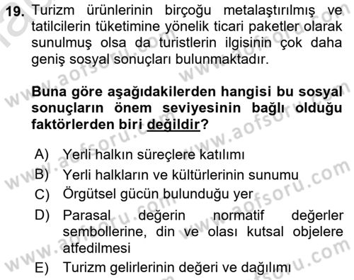 Toplum Temelli Turizm Dersi 2024 - 2025 Yılı Yaz Okulu Sınav Soruları 19. Soru