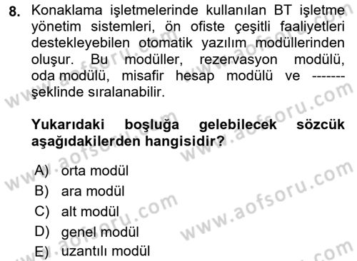 Turizm Bilgi Teknolojileri Dersi 2021 - 2022 Yılı Yaz Okulu Sınav Soruları 8. Soru
