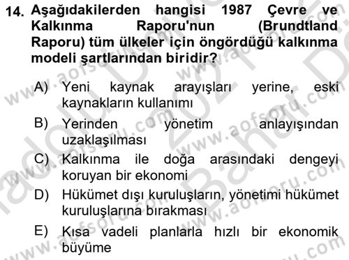 Sürdürülebilir Turizm Dersi 2021 - 2022 Yılı (Vize) Ara Sınav Soruları 14. Soru