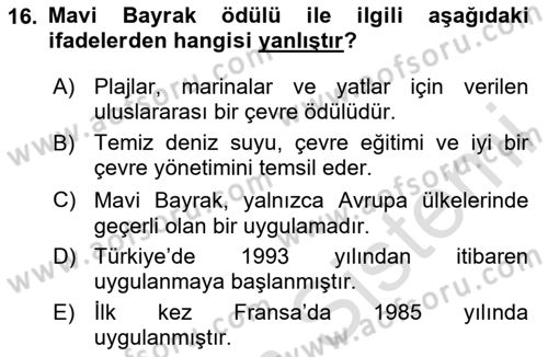 Sürdürülebilir Turizm Dersi 2024 - 2025 Yılı (Vize) Ara Sınav Soruları 16. Soru