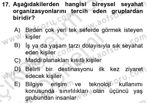 Tur Planlaması ve Yönetimi Dersi 2016 - 2017 Yılı (Vize) Ara Sınav Soruları 17. Soru