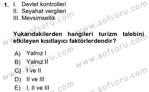 Tur Planlaması ve Yönetimi Dersi 2016 - 2017 Yılı (Final) Dönem Sonu Sınav Soruları 1. Soru