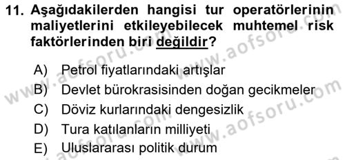 Tur Planlaması ve Yönetimi Dersi 2016 - 2017 Yılı (Final) Dönem Sonu Sınav Soruları 11. Soru