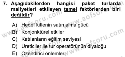 Tur Planlaması ve Yönetimi Dersi 2017 - 2018 Yılı 3 Ders Sınav Soruları 7. Soru