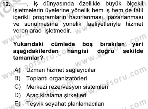 Tur Planlaması ve Yönetimi Dersi 2018 - 2019 Yılı Yaz Okulu Sınav Soruları 12. Soru