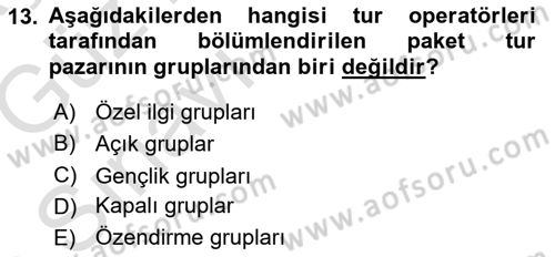 Tur Planlaması ve Yönetimi Dersi 2019 - 2020 Yılı (Vize) Ara Sınav Soruları 13. Soru