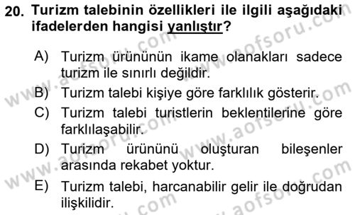 Tur Planlaması ve Yönetimi Dersi 2019 - 2020 Yılı (Vize) Ara Sınav Soruları 20. Soru