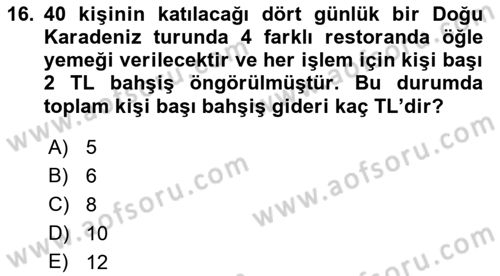 Tur Planlaması ve Yönetimi Dersi 2019 - 2020 Yılı (Final) Dönem Sonu Sınav Soruları 16. Soru