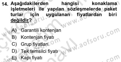 Tur Planlaması ve Yönetimi Dersi 2020 - 2021 Yılı Yaz Okulu Sınav Soruları 14. Soru