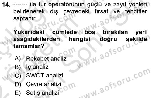 Tur Planlaması ve Yönetimi Dersi 2021 - 2022 Yılı (Final) Dönem Sonu Sınav Soruları 14. Soru