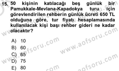 Tur Planlaması ve Yönetimi Dersi 2021 - 2022 Yılı Yaz Okulu Sınav Soruları 15. Soru