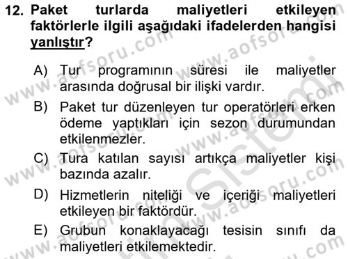 Tur Planlaması ve Yönetimi Dersi 2022 - 2023 Yılı Yaz Okulu Sınav Soruları 12. Soru