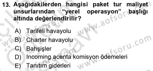 Tur Planlaması ve Yönetimi Dersi 2022 - 2023 Yılı Yaz Okulu Sınav Soruları 13. Soru