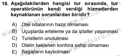 Tur Planlaması ve Yönetimi Dersi 2022 - 2023 Yılı Yaz Okulu Sınav Soruları 16. Soru