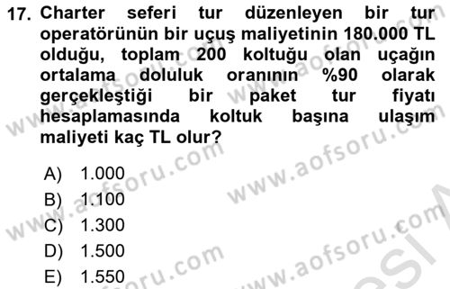 Tur Planlaması ve Yönetimi Dersi 2022 - 2023 Yılı Yaz Okulu Sınav Soruları 17. Soru