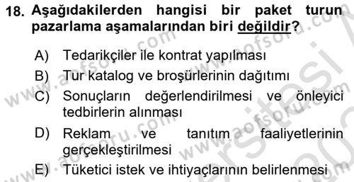 Tur Planlaması ve Yönetimi Dersi 2023 - 2024 Yılı (Final) Dönem Sonu Sınav Soruları 18. Soru