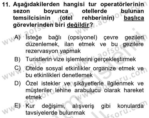 Tur Planlaması ve Yönetimi Dersi 2023 - 2024 Yılı Yaz Okulu Sınav Soruları 11. Soru