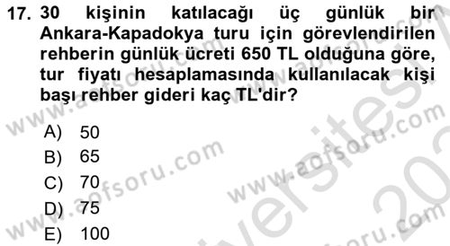 Tur Planlaması ve Yönetimi Dersi 2023 - 2024 Yılı Yaz Okulu Sınav Soruları 17. Soru