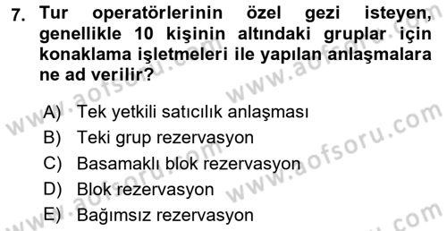 Tur Planlaması ve Yönetimi Dersi 2023 - 2024 Yılı Yaz Okulu Sınav Soruları 7. Soru