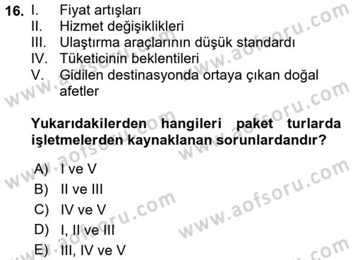 Tur Planlaması ve Yönetimi Dersi 2024 - 2025 Yılı (Vize) Ara Sınav Soruları 16. Soru
