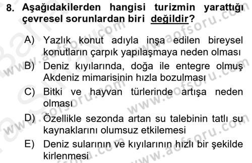 Alternatif Turizm Dersi 2015 - 2016 Yılı (Vize) Ara Sınav Soruları 8. Soru