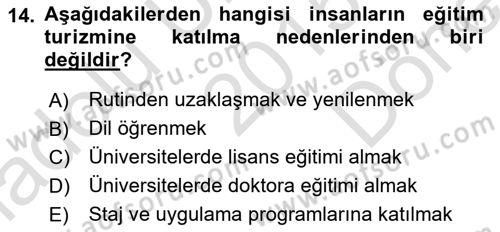 Alternatif Turizm Dersi 2015 - 2016 Yılı (Final) Dönem Sonu Sınav Soruları 14. Soru