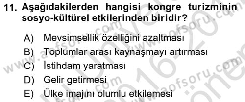 Alternatif Turizm Dersi 2016 - 2017 Yılı (Final) Dönem Sonu Sınav Soruları 11. Soru