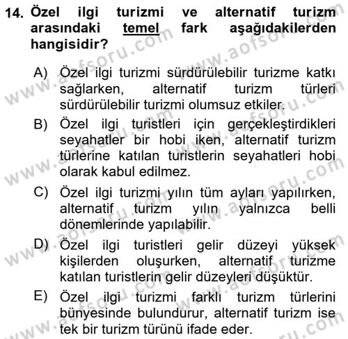 Alternatif Turizm Dersi 2017 - 2018 Yılı (Vize) Ara Sınav Soruları 14. Soru